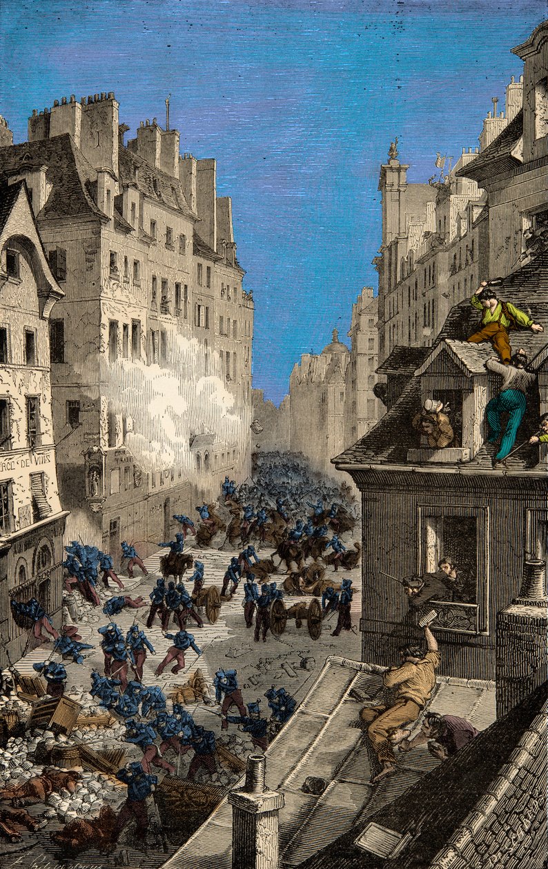 Bitwa na barykadzie Rue Saint Antoine w 1830 r., rycina, kolekcja prywatna autorstwa Anonymous Anonymous