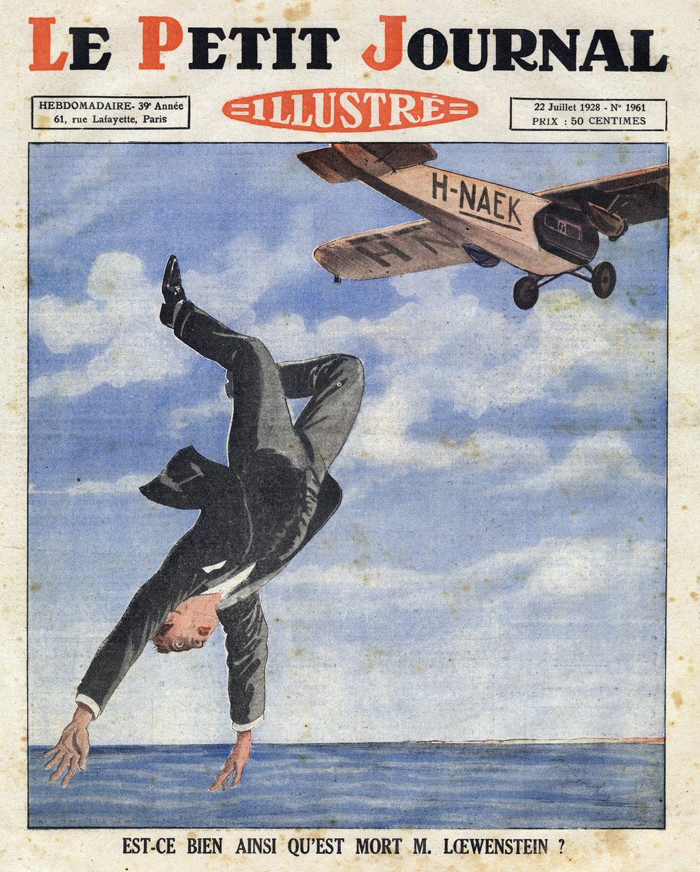 Belgijski bankier Alfred Loewenstein zmarł (1877-1924), kiedy 4 lipca 1928 spadł z samolotu na wody kanału La Manche, „Le petit journal illustre” autorstwa Anonymous Anonymous