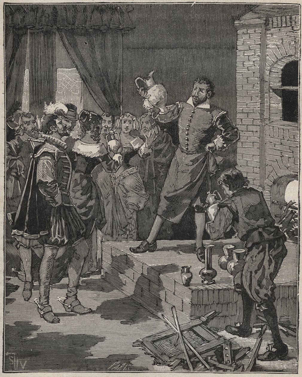 Bernard Palissy (1510-1589), triumfujący francuski ceramik, wyjmuje z pieca swoje pierwsze kawałki emalii. Grawer z 1880 roku w „Les arts et metiers illustres” Adolphe BITARD. autorstwa Anonymous Anonymous