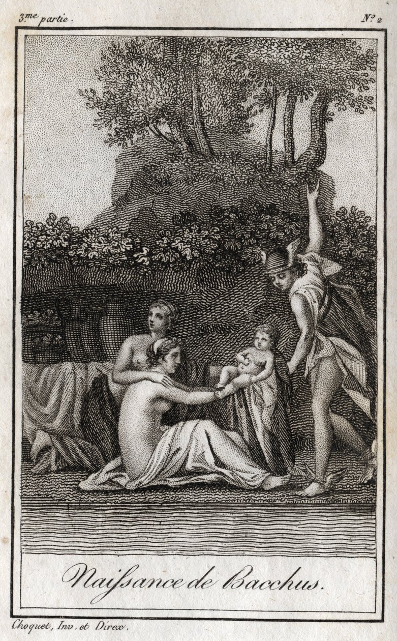 Narodziny Bachusa, syna Jowisza i Semele. Rycina z 1819 r. w „Lettres a Emilie sur la mitologie” Charlesa Alberta Demoustiera (1760-1801). Prywatna kolekcja. autorstwa Anonymous Anonymous
