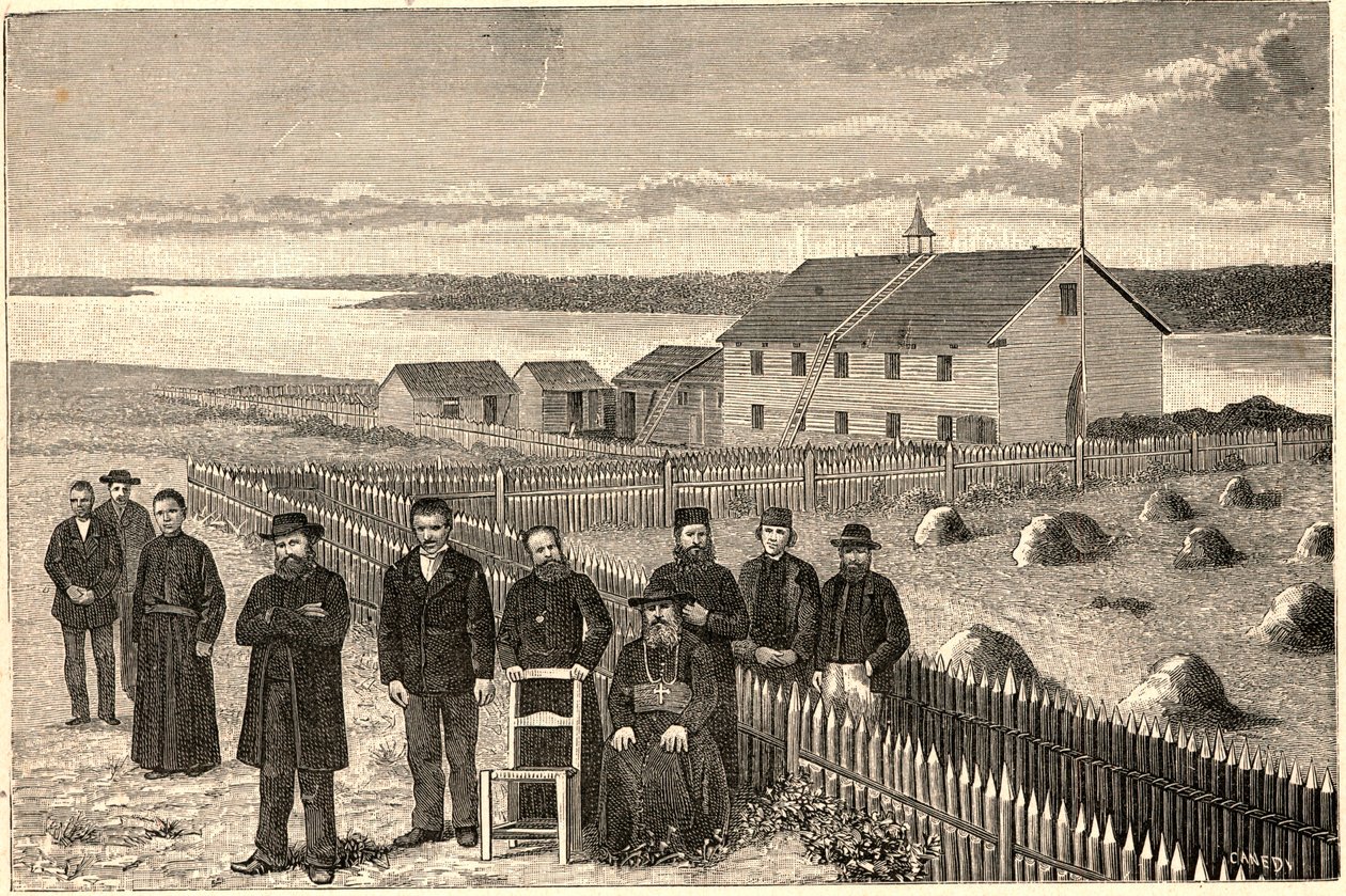 Biskup Isidore Clut (1832-1903), RP Le Corre i inni członkowie Misji Providence w Athabasce Mackenzie (Athabaska-Mackenzie) w Kanadzie pod koniec XIX wieku. Grawer w „Les Missions Catholiques au XIXeme Siecle” Louis-Eugene (Lou autorstwa Anonymous Anonymous