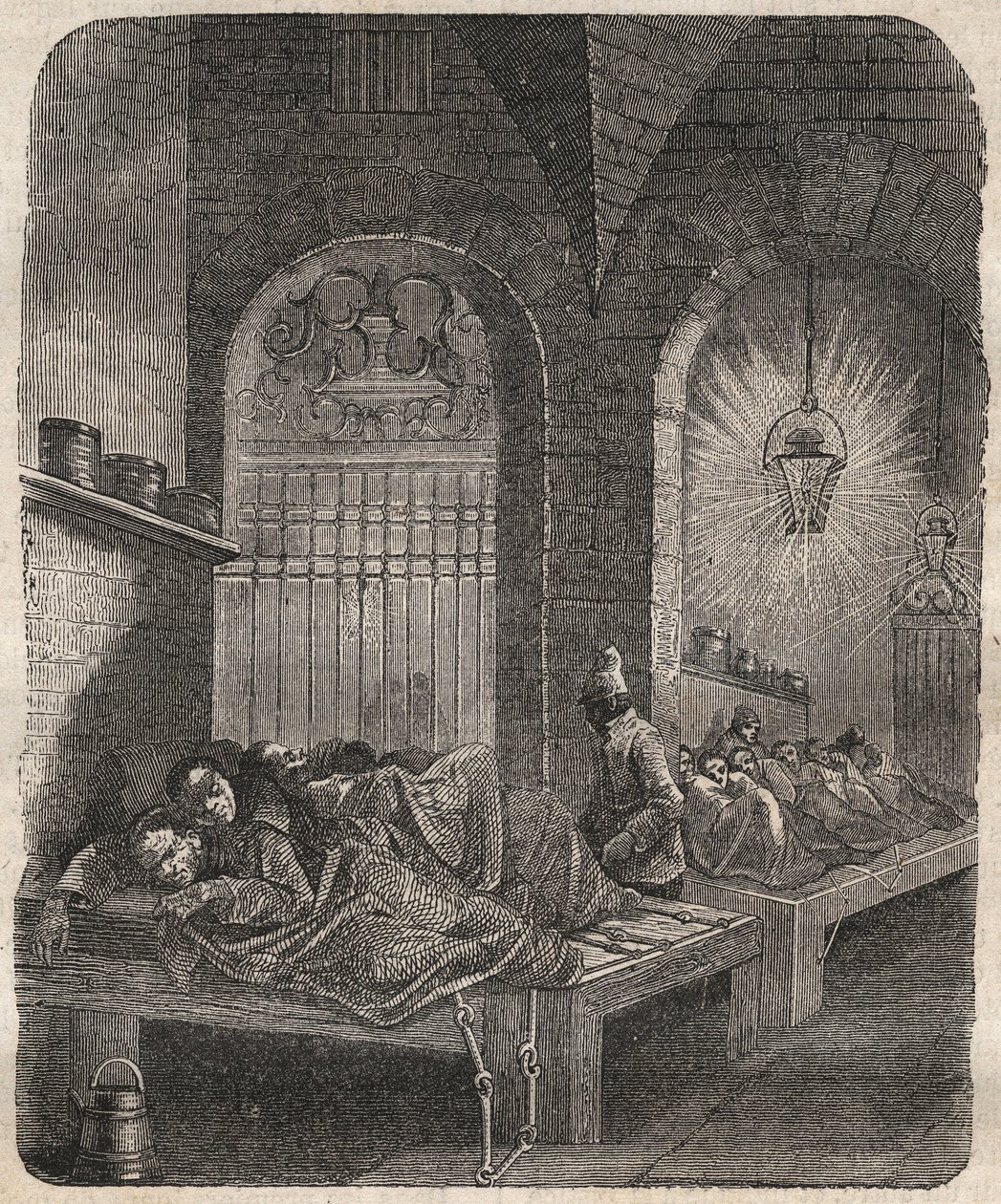 Więzienie brzeskie w nocy. Grawerowanie w „Historii skazanych od ich powstania do dnia dzisiejszego” ”(1877) autorstwa Pierre