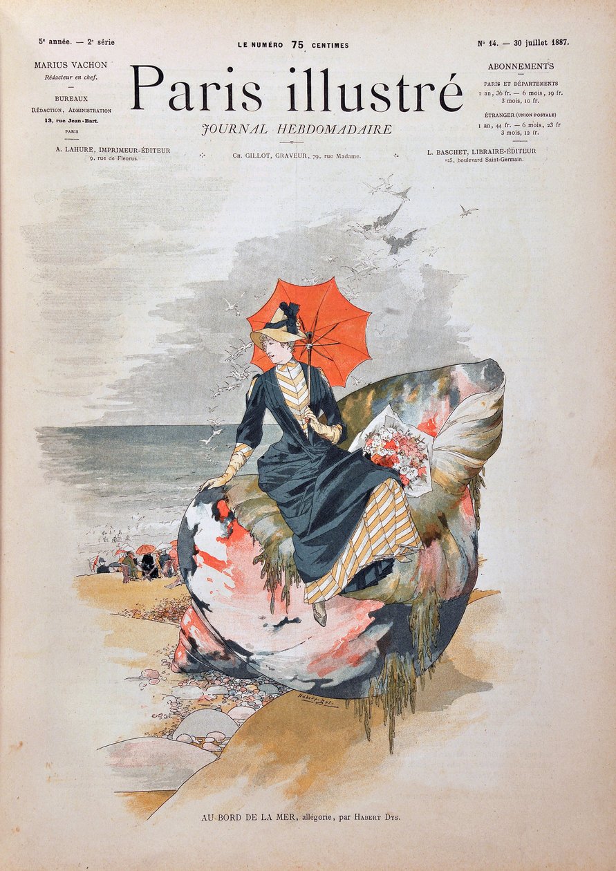 Nad morzem, alegoria autorstwa Haberta Dysa. Elegancka kobieta z parasolką siedząca na gigantycznej muszli pozuje na piasku plaży. Rycina z 1887 r. w tygodniku „Paryż-Prześwietny””. autorstwa Anonymous Anonymous