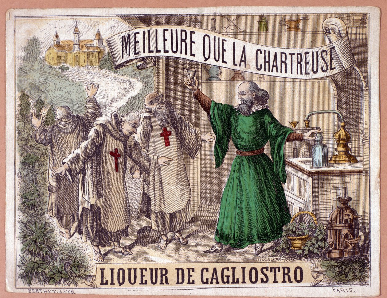 Likier Cagliostro wytwarzany z destylacji aromatycznych ziół przez mnichów. chromolitografia z XIX wieku. autorstwa Anonymous Anonymous