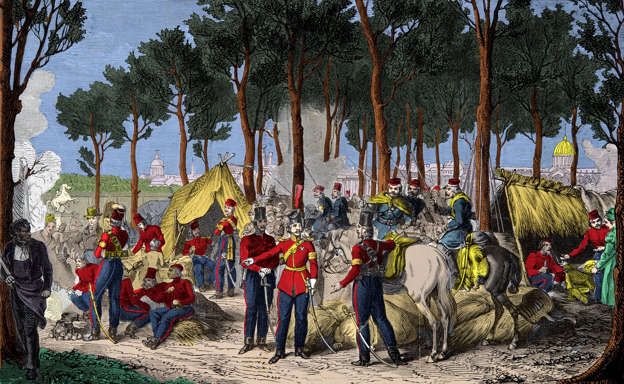 Obóz wojsk rosyjskich i angielskich na Polach Elizejskich w Paryżu w lipcu 1815 r. po klęsce Napoleona I, rycina, kolekcja prywatna autorstwa Anonymous Anonymous