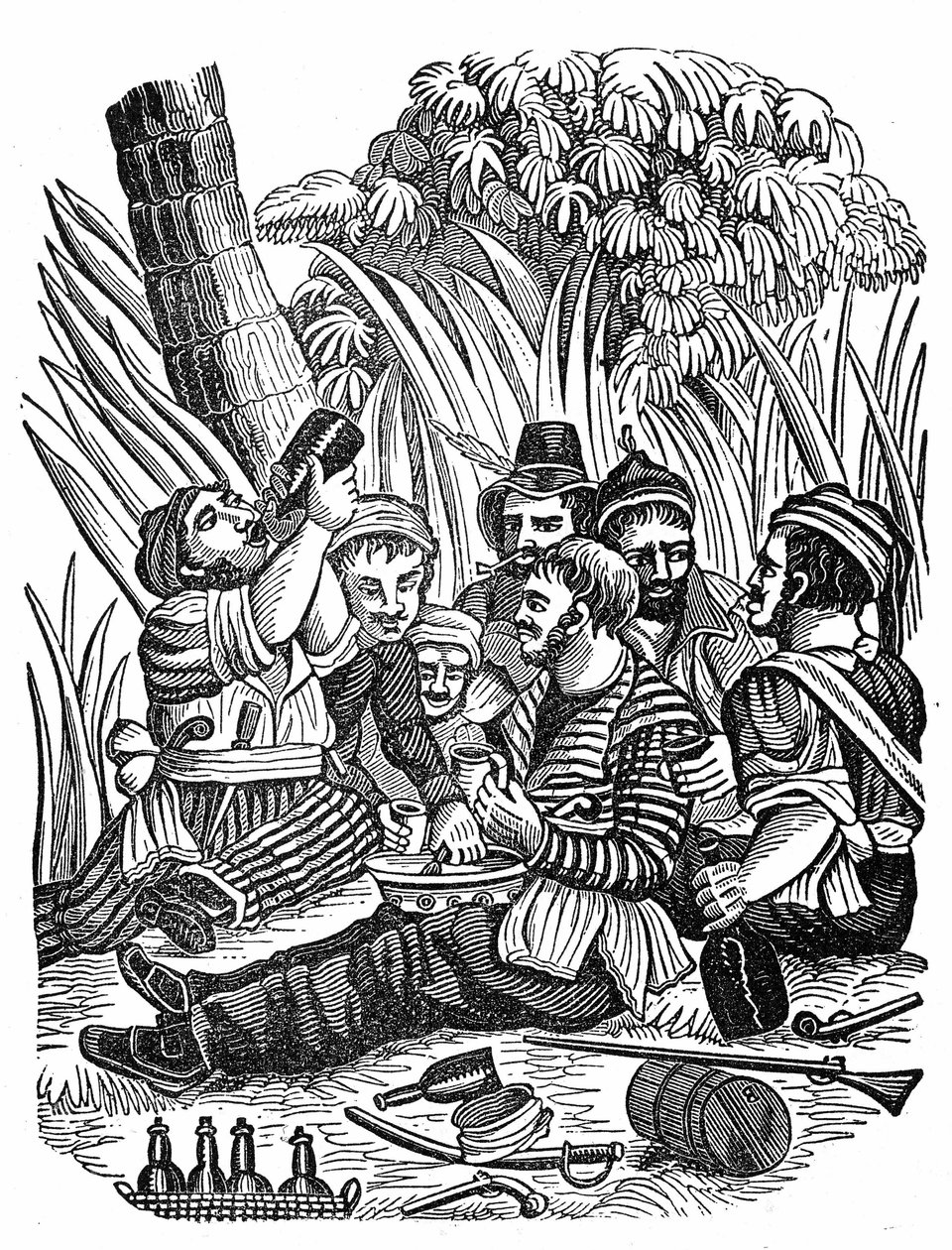 Załoga kapitana Bartholomewa Robertsa odpoczywa w pobliżu rzeki Old Calabar, koniec XVII wieku. Grawer „”Książka własna pirata”” 1837. autorstwa Anonymous Anonymous