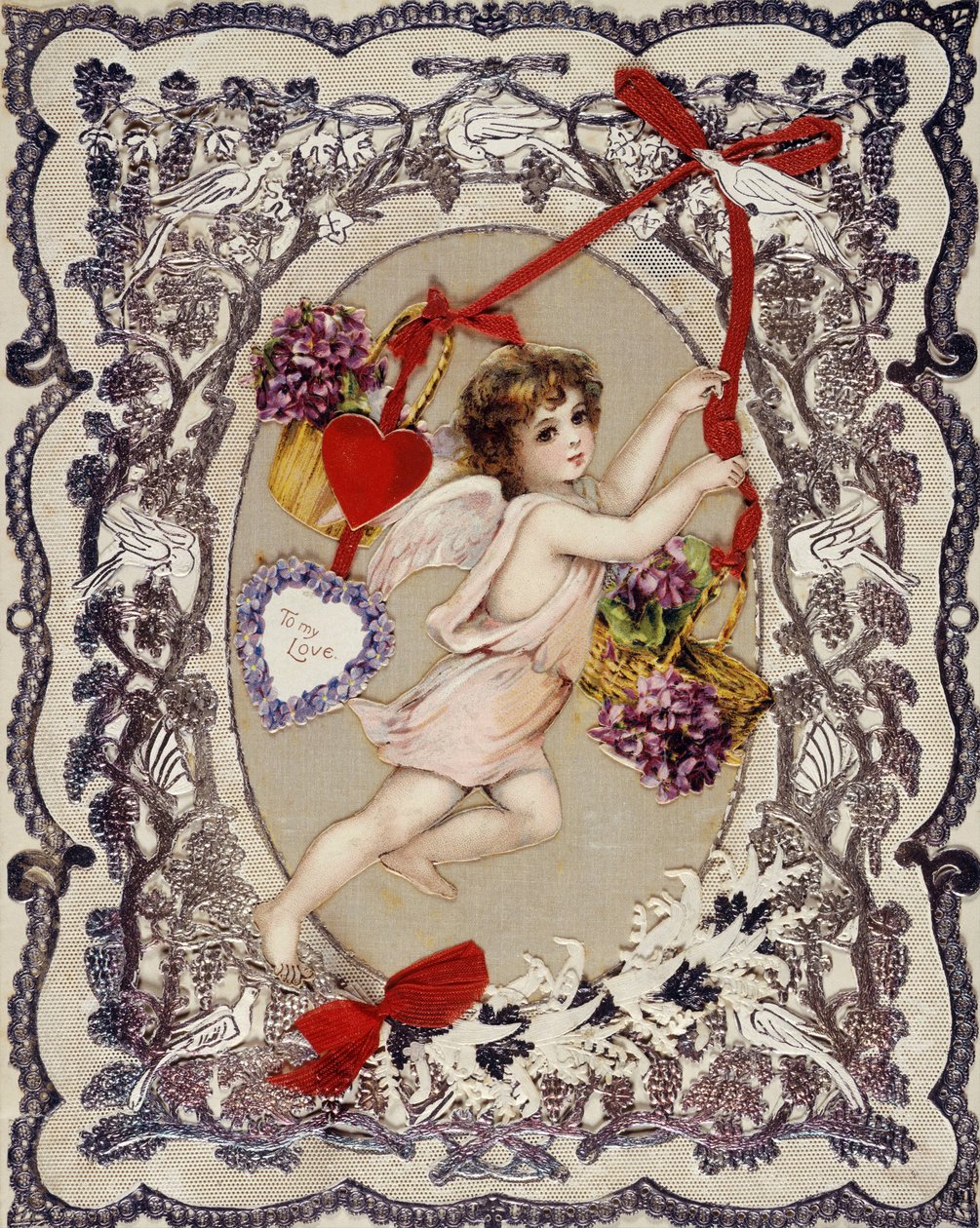Kartka walentynkowa - Anonimowa praca, litografia, decoupage, papierowa koronka i wstążki, ok. 1860-1870 - Kartka walentynkowa, technika mieszana na pokładzie - kolekcja prywatna autorstwa Anonymous Anonymous