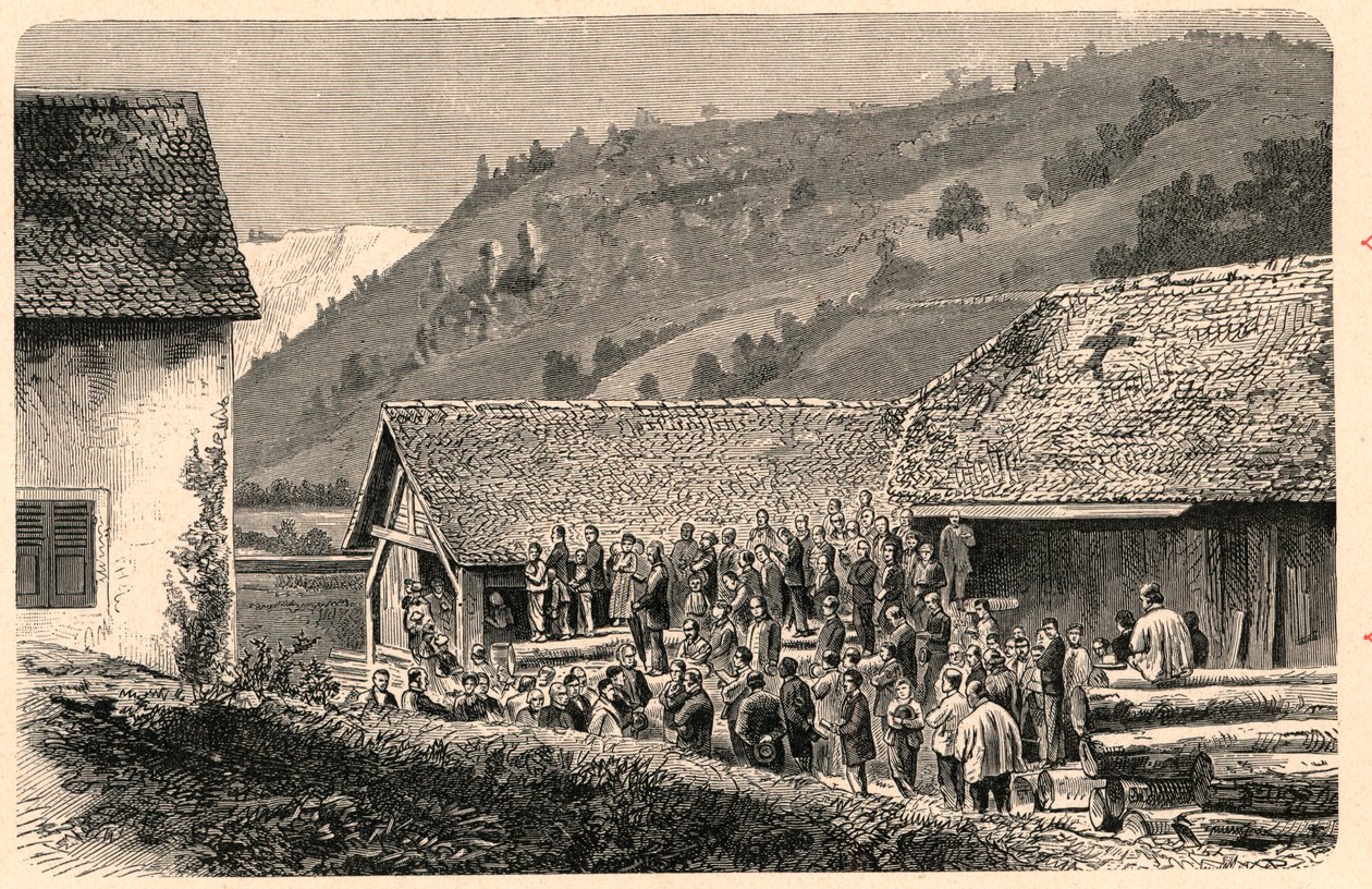 Obchody kultu katolickiego w Saint Ursanne (Saint Ursanne) w Szwajcarii w 1874 roku, po fotografii. Grawer w „Misjach katolickich w XIX wieku” Louis-Eugene (Louis Eugene) Louvet. prywatna kolekcja. autorstwa Anonymous Anonymous
