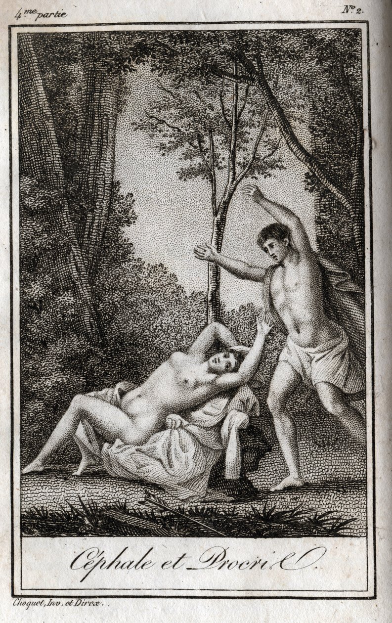 Para kochanków Cephale i Procris (Cephalus). Rycina z 1819 r. w „Lettres a Emilie sur la mitologie” Charlesa Alberta Demoustiera (1760-1801). Prywatna kolekcja. autorstwa Anonymous Anonymous