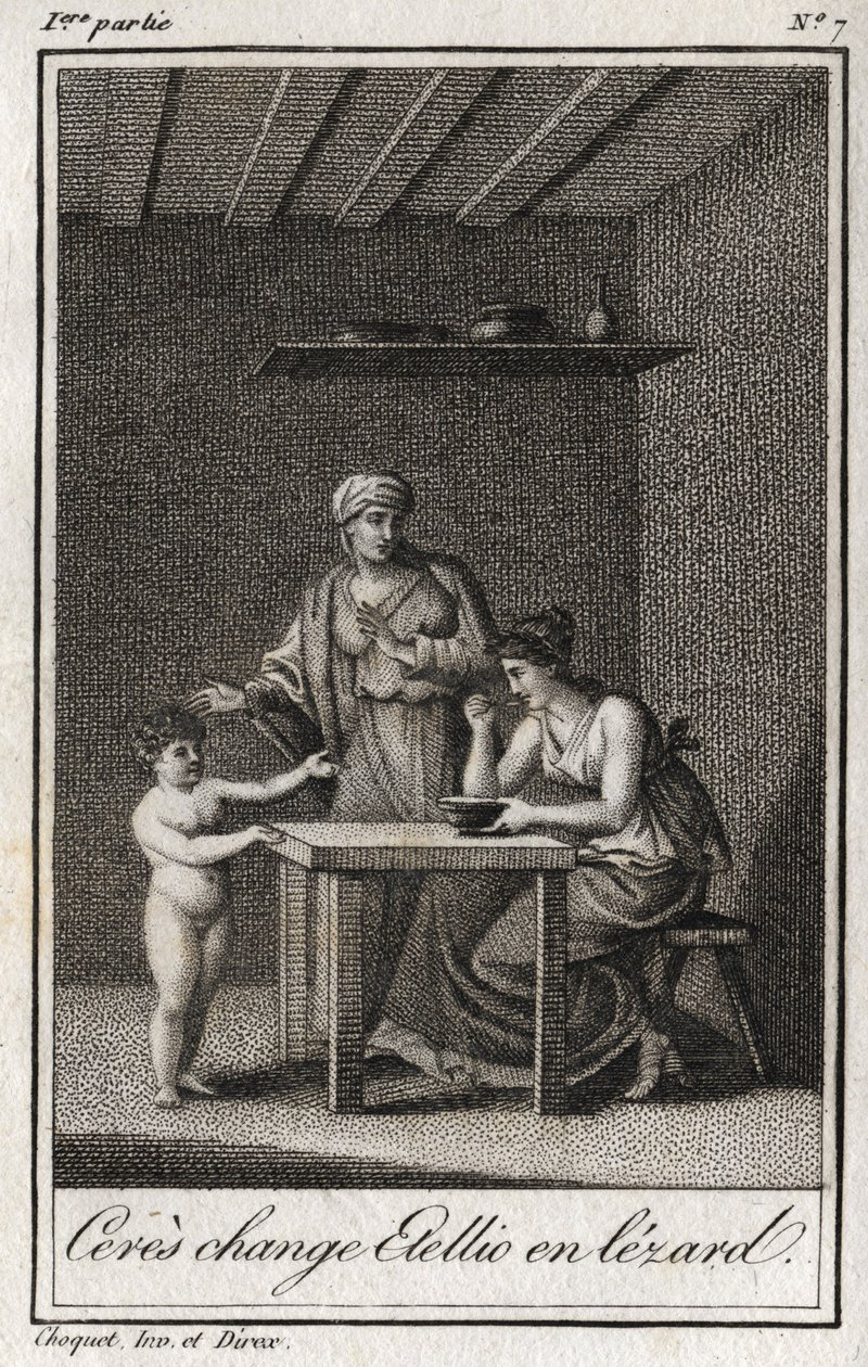 Ceres zmienia Stelliona w lezarda. Rycina z 1819 r. w „Lettres a Emilie sur la mitologie” Charlesa Alberta Demoustiera (1760-1801). Prywatna kolekcja. autorstwa Anonymous Anonymous