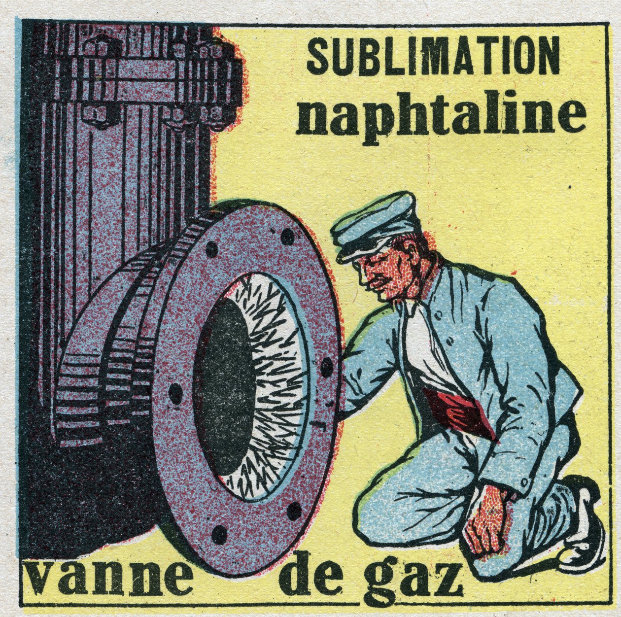 Zmiany stanów: sublimacja. Zapas naftliny zatyka zawór gazowy. Anonimowa ilustracja z 1925 r. Ze zbiorów prywatnych. autorstwa Anonymous Anonymous