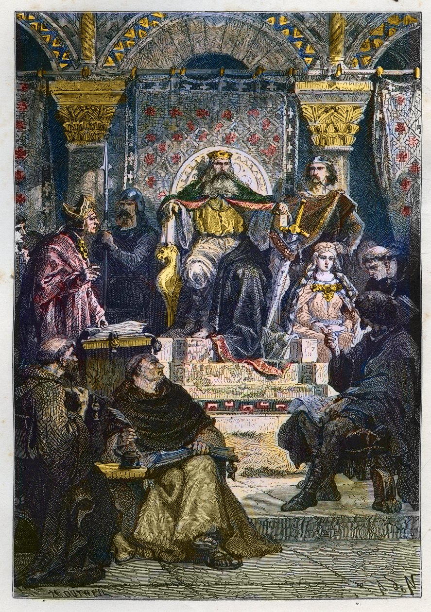 Karol Wielki (742 - 814) na tronie przewodniczący Akademii Pałacowej - Karol Wielki (747-814) król Franków i chrześcijański cesarz Zachodu przewodniczący Szkoły Pałacowej w Akwizgranie (Aachen) - grawer z „” L