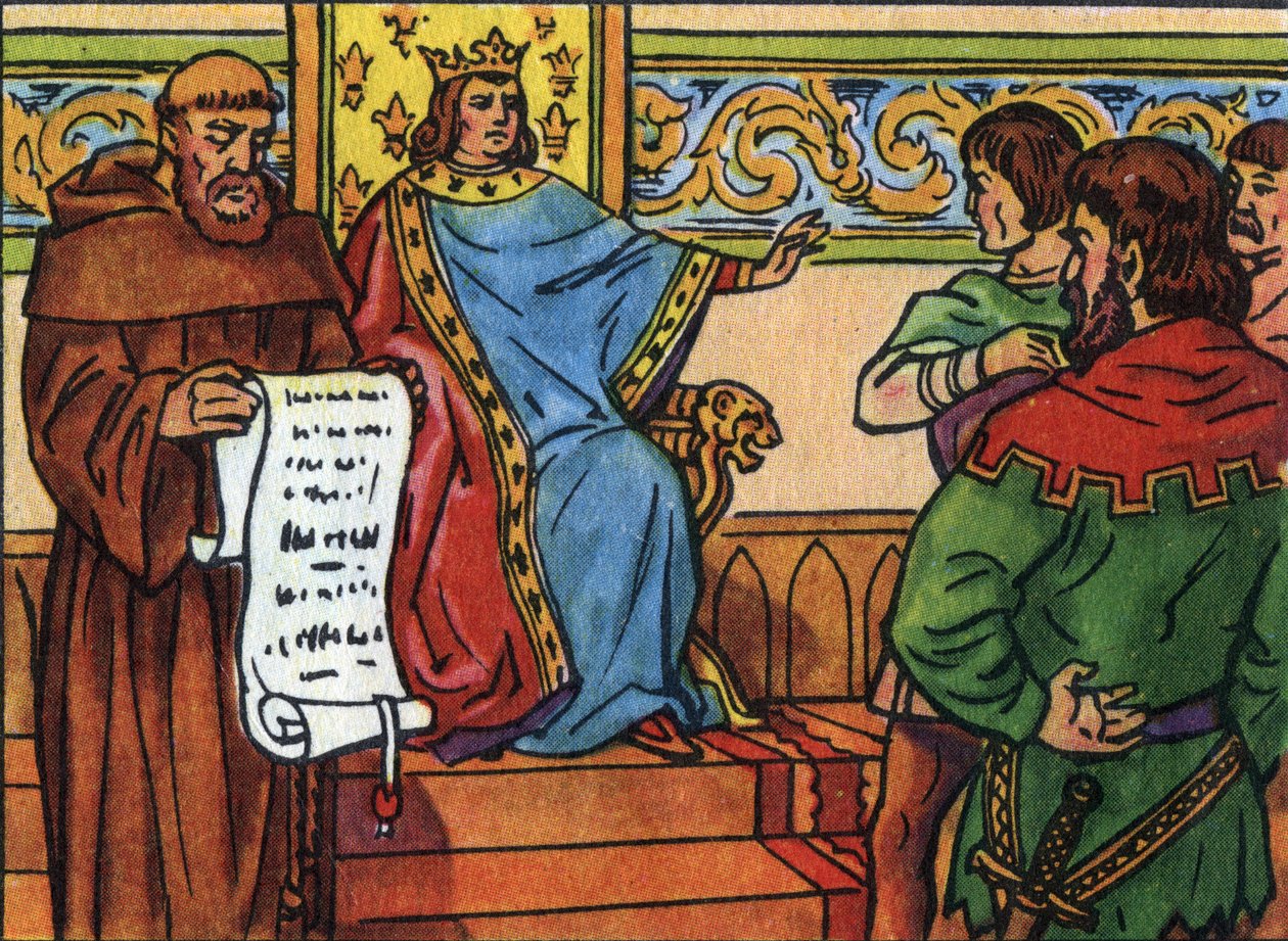 Karol IV Bel (1294-1328) narzucił swoją wolę panom. Anonimowa ilustracja w „”Kolekcji suwerenów i głów państw Francji””. XX wiek. Prywatna kolekcja. autorstwa Anonymous Anonymous