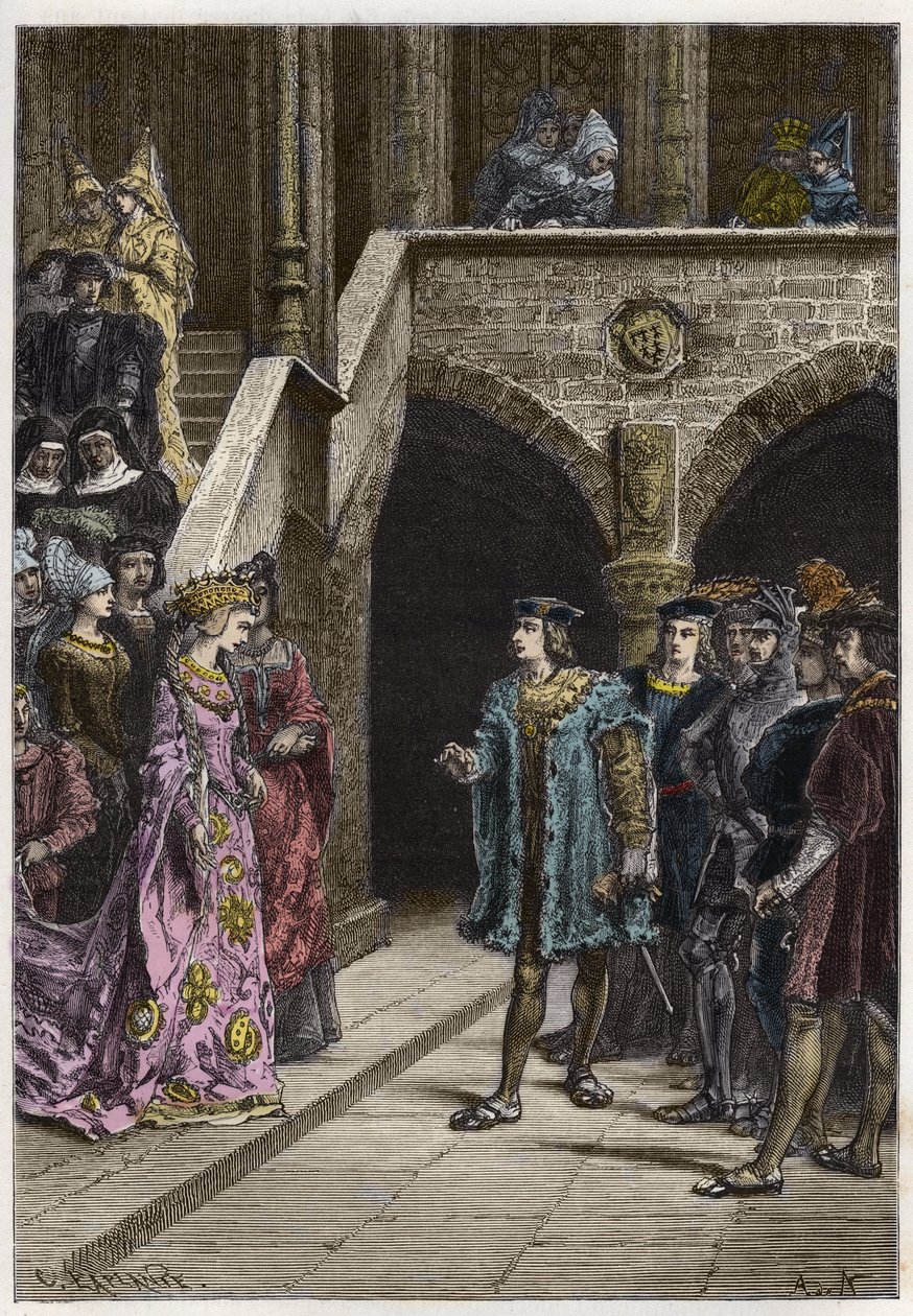 Karol VIII i Anna z Bretanii - Spotkanie króla Karola VIII (1470-98) i królowej Anny Bretanii - grawer z „”Historia Francji opowiedziana moim wnukom”” – Francois Guizot – 1872-1876 autorstwa Anonymous Anonymous