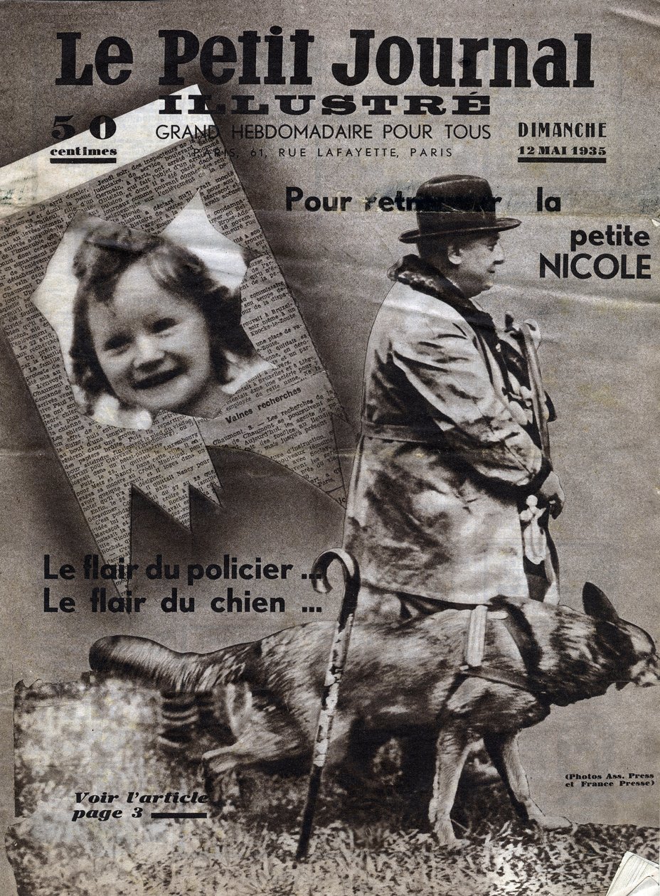 Sprawy Chaumonta: psy policyjne szkolą się w poszukiwaniu śladów zaginionych dzieci (tutaj dziewczyna Nicole) i bandytów. Okładka „Le petit journal illustious”” z 12.05.1935 Kolekcja privee autorstwa Anonymous Anonymous