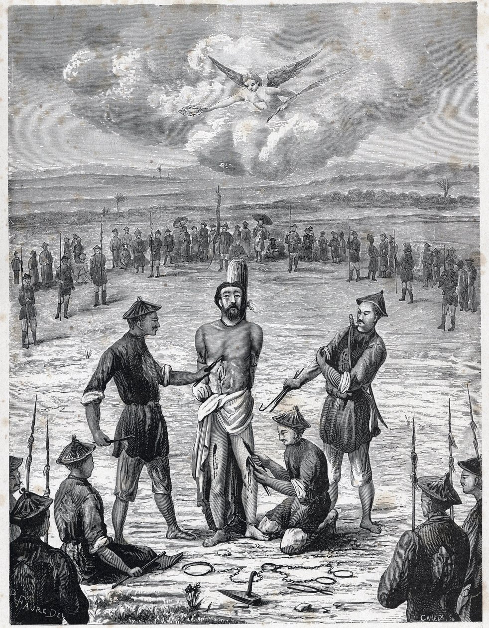 Prześladowania chrześcijan: francuski ksiądz misjonarz Joseph Marchand cierpiał „mękę stu ran” w Cochinchina 30 listopada 1835 r. Grawer „Les Missions Catholiques au XIXeme Siecle” Louis-Eugene (Louis Eugene) Louvet. prywatny domek autorstwa Anonymous Anonymous