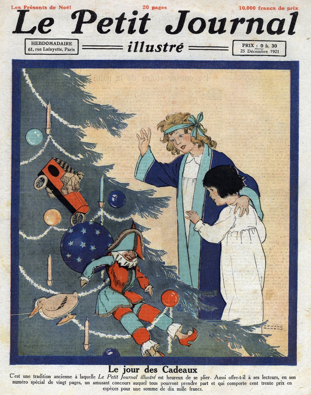 Przyjęcie wigilijne: dzieci odkrywają prezenty u stóp choinki. Ilustracja zaczerpnięta z „”Le petit journal”” z 25.12.1921 Kolekcja privee autorstwa Anonymous Anonymous