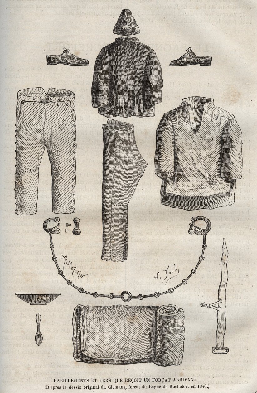 Odzież i żelazka otrzymane przez wojsko przybywające do bagne de Rochefort w XIX wieku (z oryginalnego rysunku Clemansa, forcat du bagne z 1840 r.). Grawer w „Historii skazanych od ich powstania do dnia dzisiejszego” (1877) autorstwa Pierre Zaccone (18 autorstwa Anonymous Anonymous