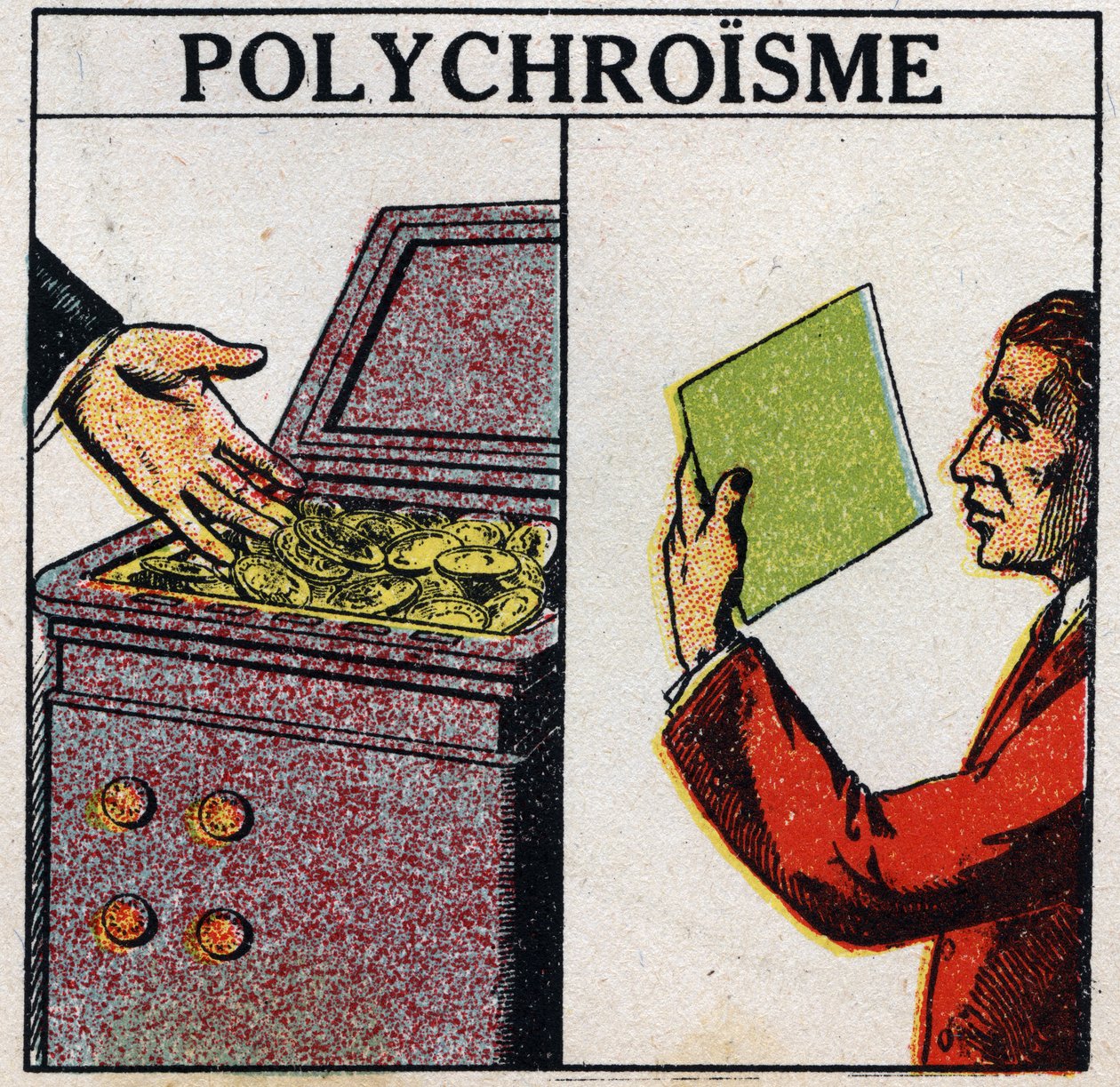Kolory: polichroizm. Złote monety są żółte, ale cienkowarstwowe złoto ma kolor zielony. Anonimowa ilustracja z 1925 r. Ze zbiorów prywatnych. autorstwa Anonymous Anonymous