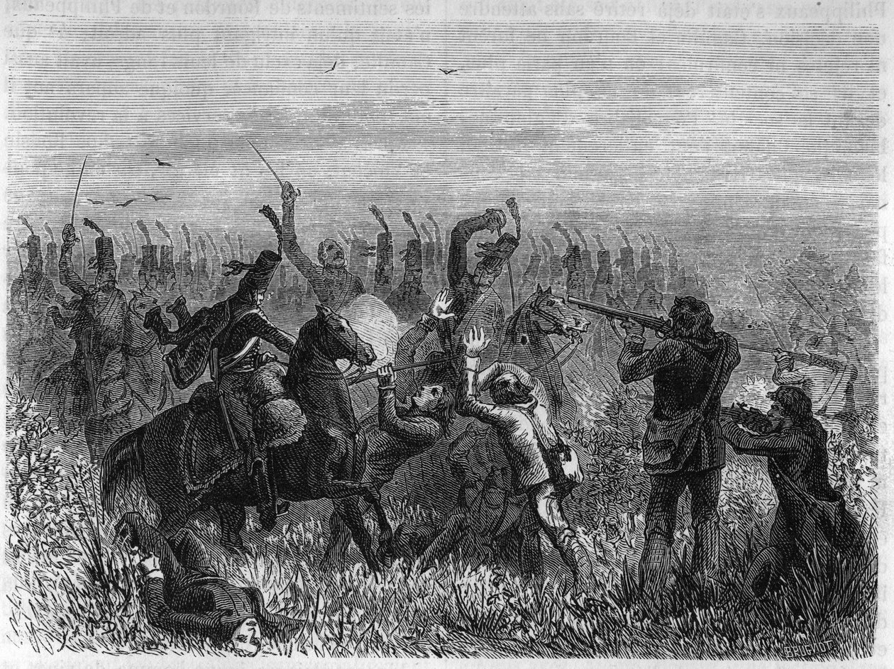 Całkowite zniszczenie Vendeens: Bitwa pod Savenay w grudniu 1793 r. Rycina z 1866 r. w „Histoire de la Revolution francaise” autorstwa Adolphe Thiersa. Prywatna kolekcja. autorstwa Anonymous Anonymous