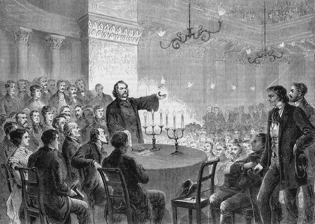 Konferencja reformatora Johannesa (Jeana) Ronge (1813-1887) w Wiedniu w 1868 roku. Założył Powszechny Kościół Chrześcijański. rycina z 1868 r. Kolekcja prywatna. autorstwa Anonymous Anonymous