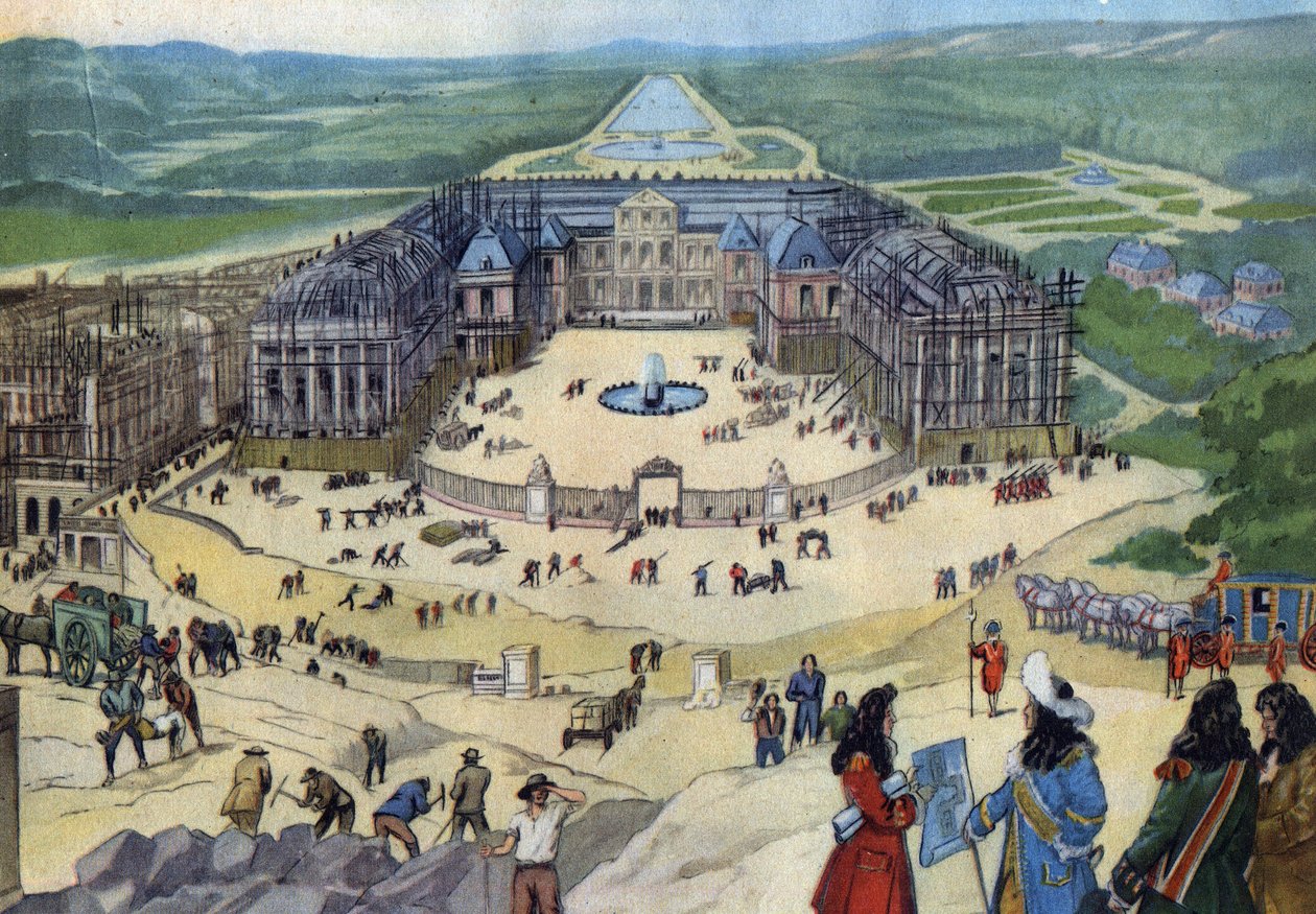Budowa zamku w Wersalu w 1678 r. według planów Julesa Hardouina Mansarta na pierwszym planie króla Ludwika XIV. autorstwa Anonymous Anonymous