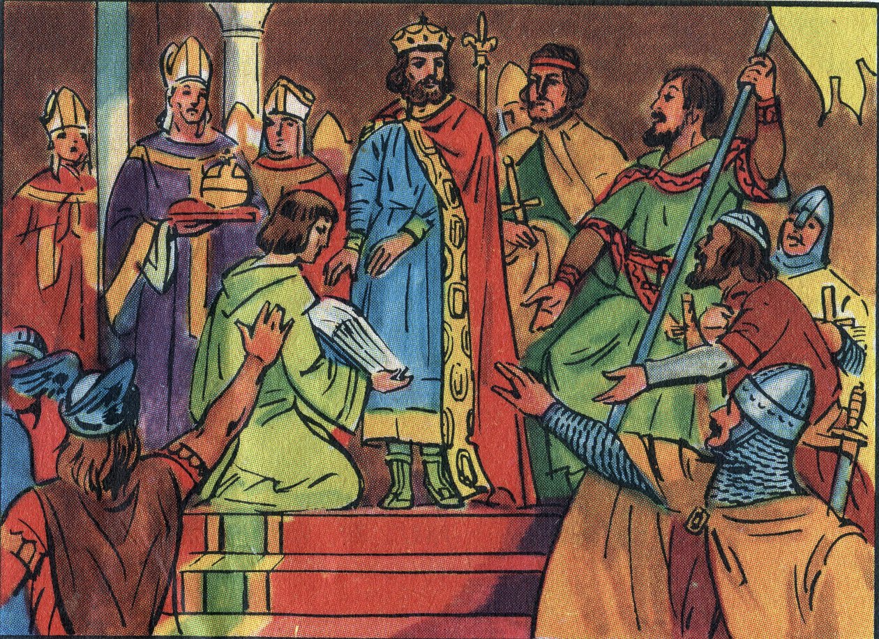 Koronacja Hugues Capet (941-996) w Noyon w 987, dokonana przez Adalberona (ok. 925-990), archeweka Reims. Koronacja ta oznaczała początek dynastii Kapetów, królów Francji, którzy bezpośrednio lub pośrednio odzyskali władzę na 8 lat. Anonimowa ilustracja autorstwa Anonymous Anonymous