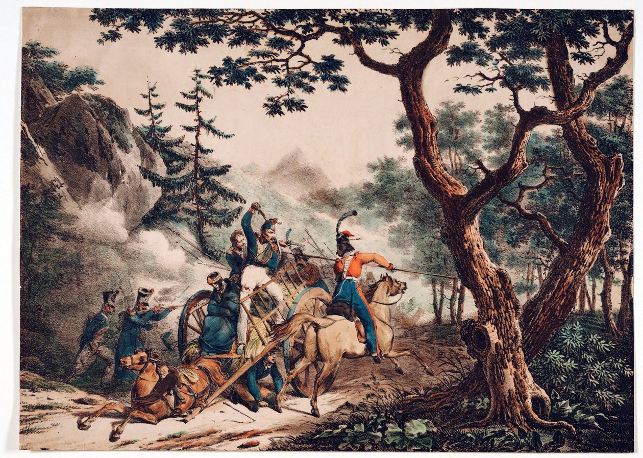 Kozacy atakujący francuskich żołnierzy w lesie - Anonim - 1825 - Kolorowa litografia - 52x72 - Prywatna kolekcja autorstwa Anonymous Anonymous