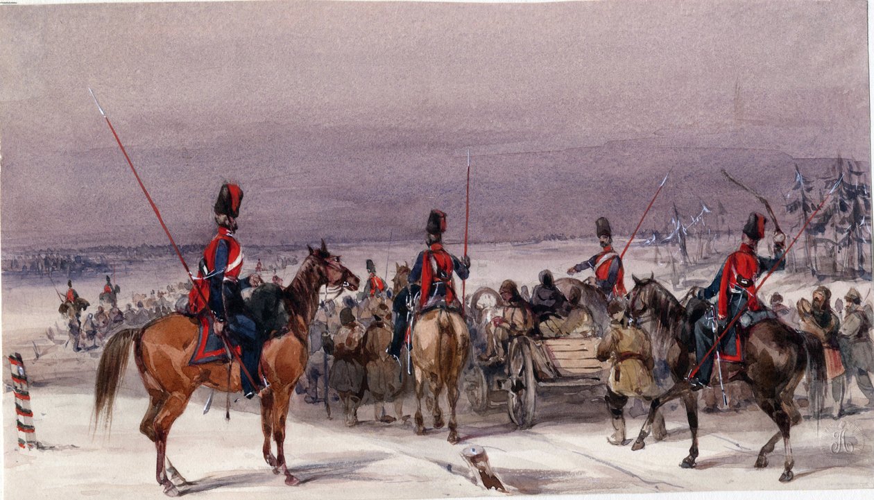 Kozacy konwojujący deportowanych - Anonim - 1831 - Akwarela na papierze - 13,9x24,3 - Kolekcja prywatna autorstwa Anonymous Anonymous