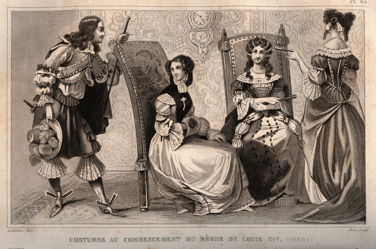 Kostiumy na początku panowania Ludwika XIV (1650). Grawer z 1859 roku w „Le Monde”. Historia wszystkich narodów od najdawniejszych czasów do współczesności”. przez ME de Lostalot-Bachoue (Lostalot Bachoue). Prywatna kolekcja. autorstwa Anonymous Anonymous