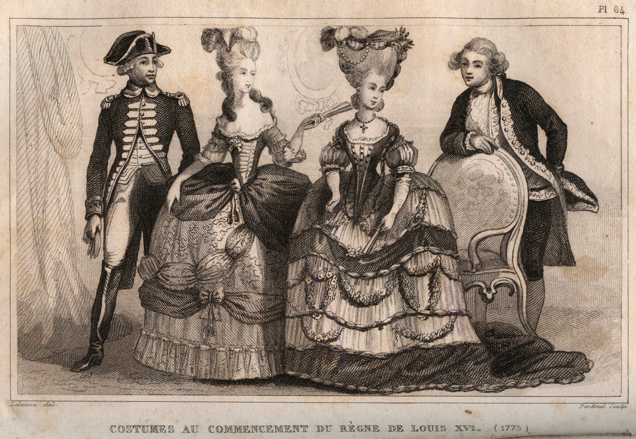 Kostiumy na początku panowania Ludwika XVI (1775). Grawer z 1859 roku w „Le Monde”. Historia wszystkich narodów od najdawniejszych czasów do współczesności”. przez ME de Lostalot-Bachoue (Lostalot Bachoue). Prywatna kolekcja. autorstwa Anonymous Anonymous