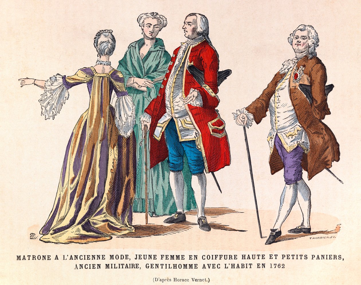 Stroje starej modnej matrony, młodej kobiety w wysokiej fryzurze i małych koszyczkach, byłego wojskowego i dżentelmena w garniturze z 1762 r. (regne króla Ludwika XV) - kolekcja prywatna autorstwa Anonymous Anonymous