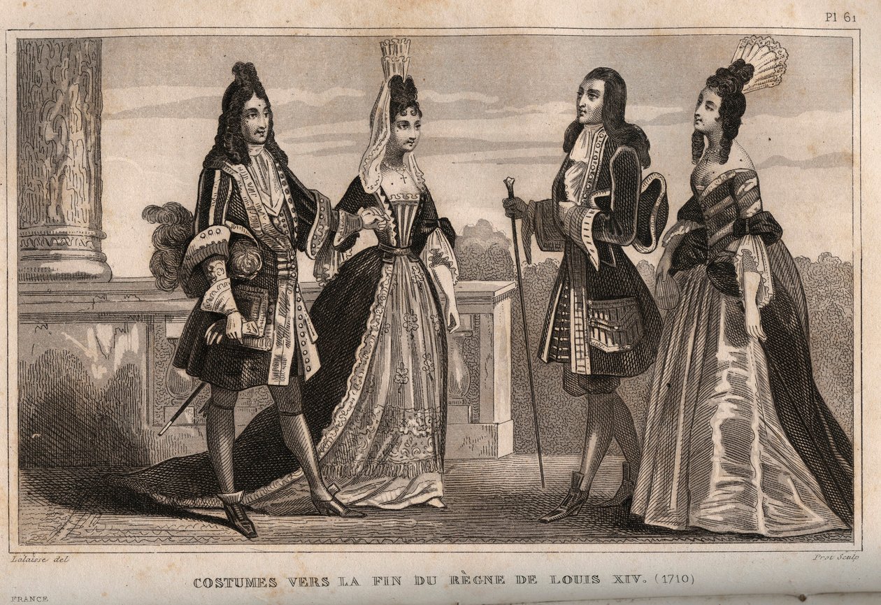 Kostiumy pod koniec panowania króla Ludwika XIV (1710). Grawer z 1859 roku w „Le Monde”. Historia wszystkich narodów od najdawniejszych czasów do współczesności”. przez ME de Lostalot-Bachoue (Lostalot Bachoue). Prywatna kolekcja. autorstwa Anonymous Anonymous
