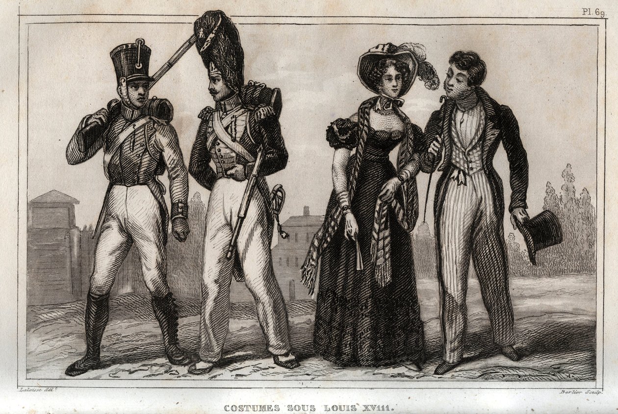 Kostiumy za Ludwika XVIII. Grawer z 1859 roku w „Le Monde”. Historia wszystkich narodów od najdawniejszych czasów do współczesności”. przez ME de Lostalot-Bachoue (Lostalot Bachoue). Prywatna kolekcja. autorstwa Anonymous Anonymous
