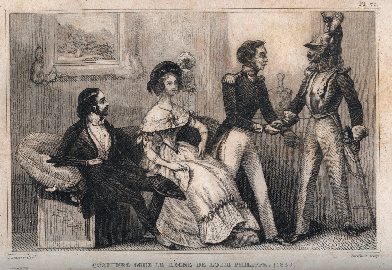 Kostiumy za panowania Ludwika Filipa (1839). Grawer z 1859 roku w „Le Monde”. Historia wszystkich narodów od najdawniejszych czasów do współczesności”. przez ME de Lostalot-Bachoue (Lostalot Bachoue). Prywatna kolekcja. autorstwa Anonymous Anonymous