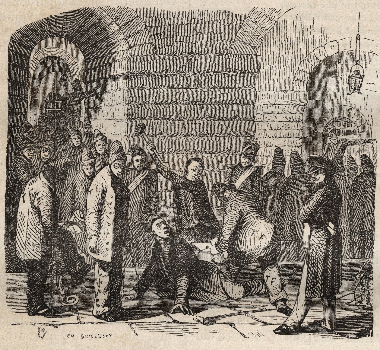 Sprzężenie w bagne Rochefort w XIX wieku. Grawer w „Historii skazanych od ich powstania do dnia dzisiejszego” (1877) autorstwa Pierre