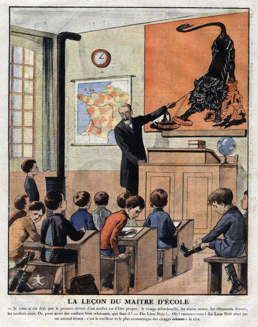 Kursy dobrych manier w szkole, nauczyciel uczy uczniów, jak używać pasty, aby buty lśniły. Ilustracja reklamowa z „Le petit journal” z 29.11.1925 Kolekcja privee autorstwa Anonymous Anonymous
