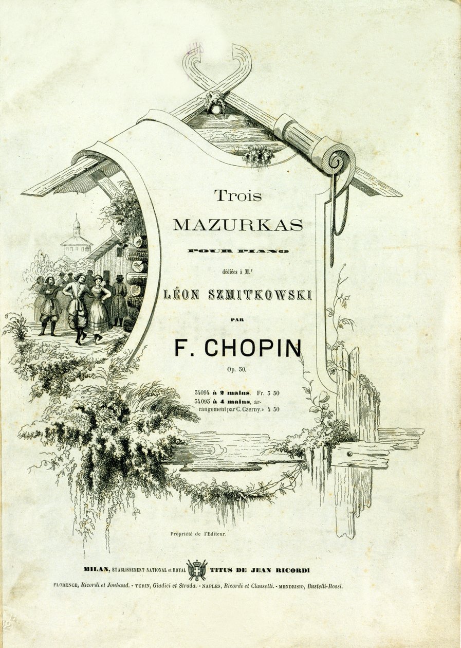 Okładka „Trzy mazurki na fortepian, Opus 50” dedykowana Leonowi Szmitkowskiemu skomponowana przez Fryderyka Chopina (1810-1849). autorstwa Anonymous Anonymous