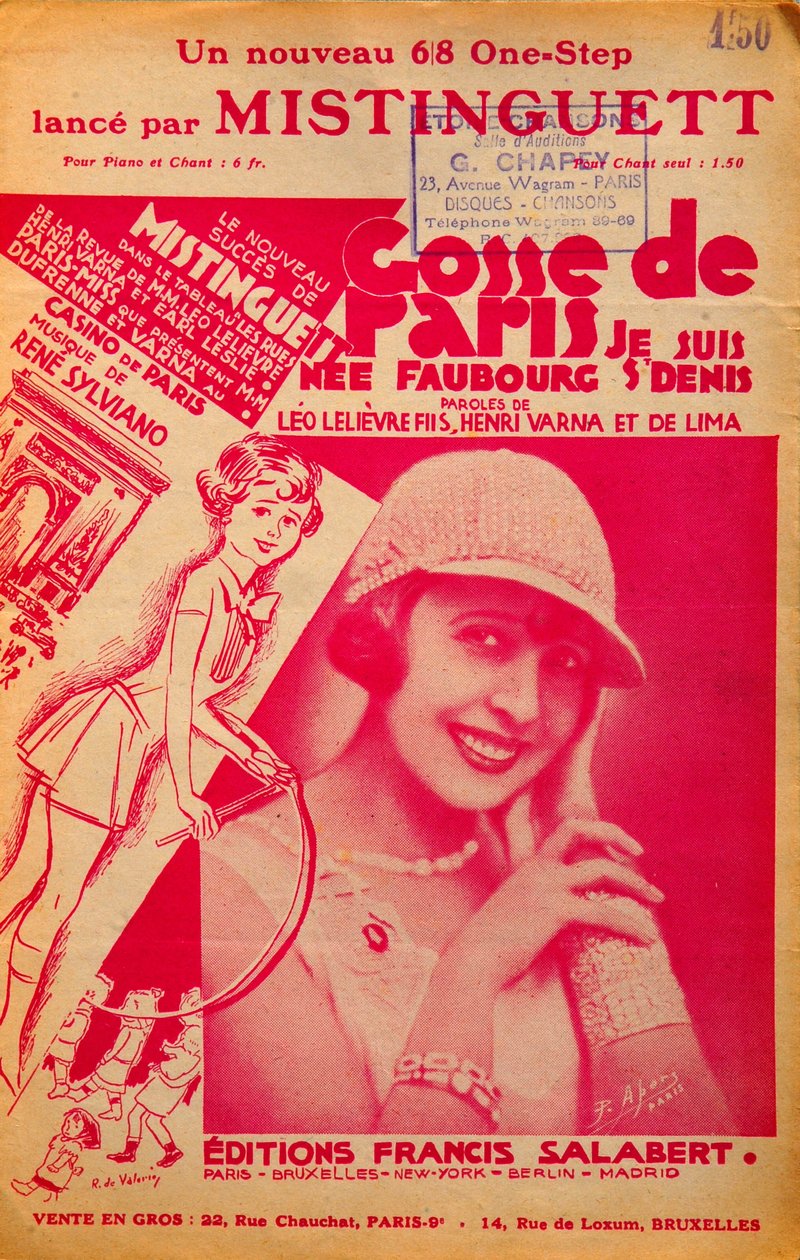 Okładka partytury „Gosse de Paris”” śpiewana przez Mistinguett (Mistinguette) (1875 - 1956), francuską śpiewaczkę autorstwa Anonymous Anonymous