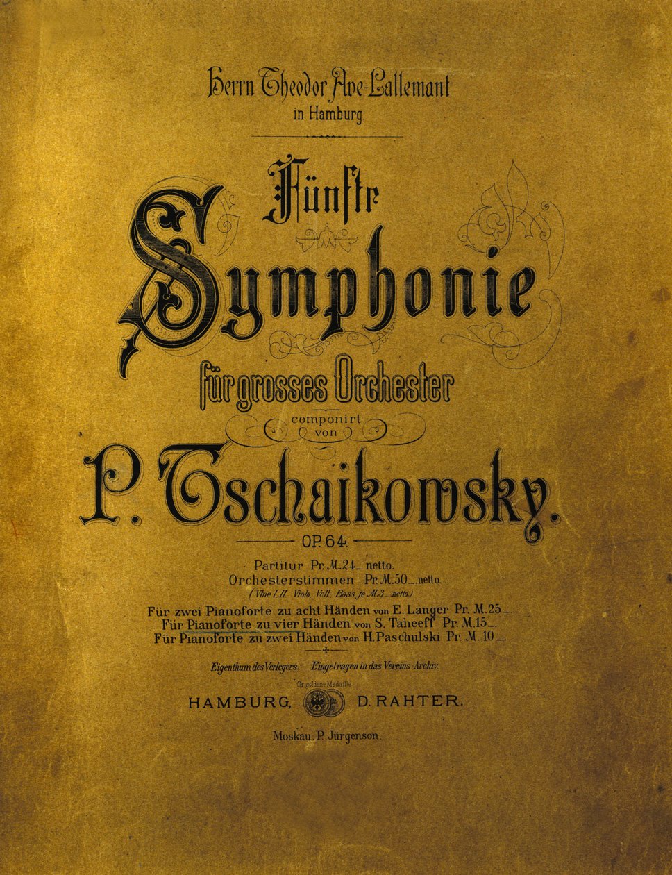 Okładka partytury Symfonii nr. 5 e-moll op. 64 Piotra lub Petra Iljicza Czajkowskiego (lub Czajkowskiego lub Ciajkowskiego lub Czajkowskiego autorstwa Anonymous Anonymous