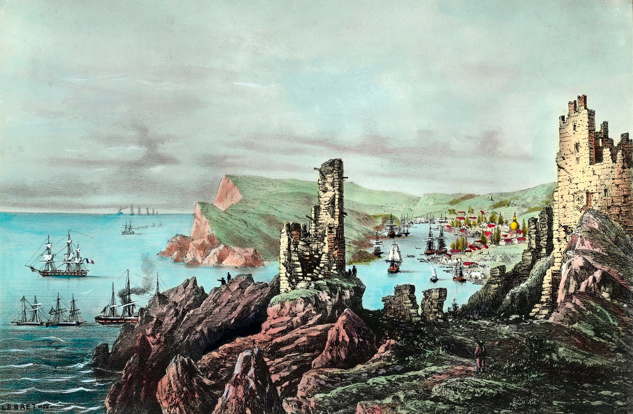 Wojna krymska: widok na port Balaklava na Krymie. Grawer około 1854-1855. Prywatna kolekcja autorstwa Anonymous Anonymous