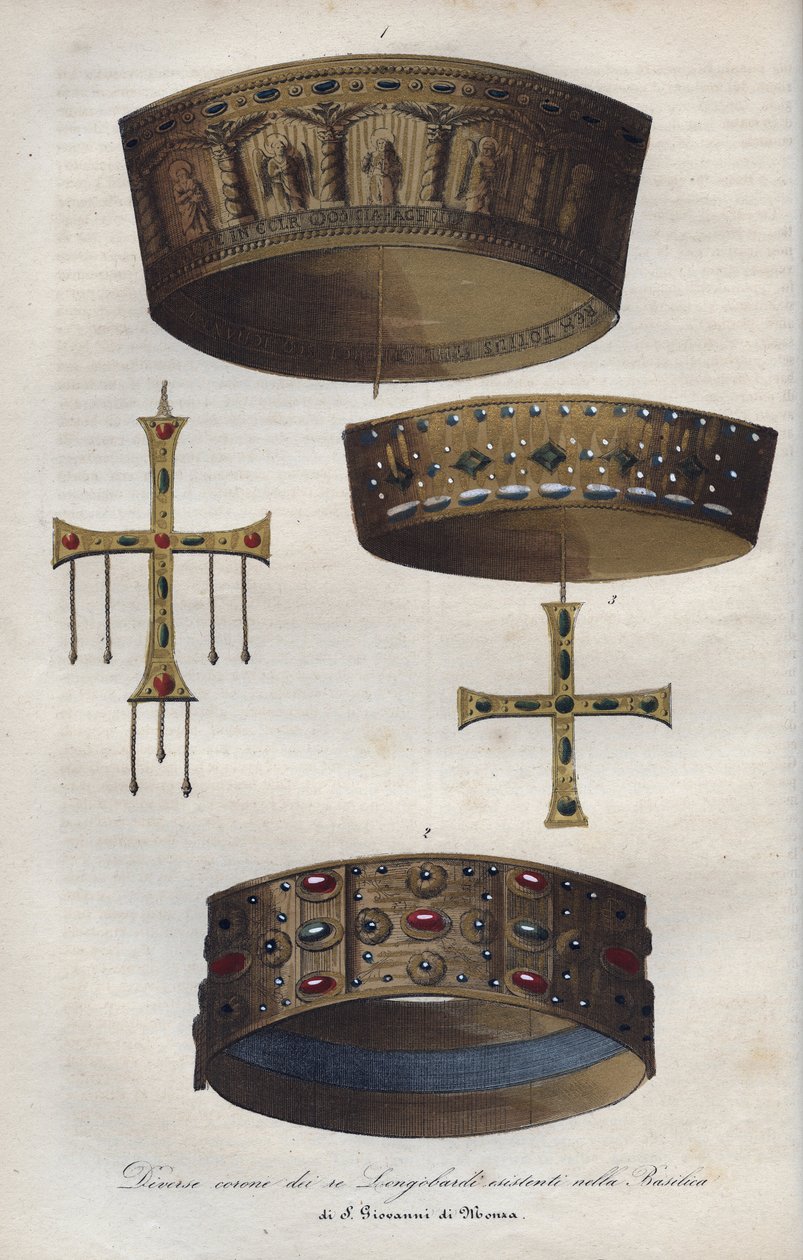 Korony Suweranów Królestwa Lombardzkiego (568-774), zachowane w bazylice św. Jana z Monzy - Różne korony królów lombardzkich zachowane w bazylice San Giovanni di Monza - rycina z „Usi e Costumi di Tutti i i Popoli dell autorstwa Anonymous Anonymous