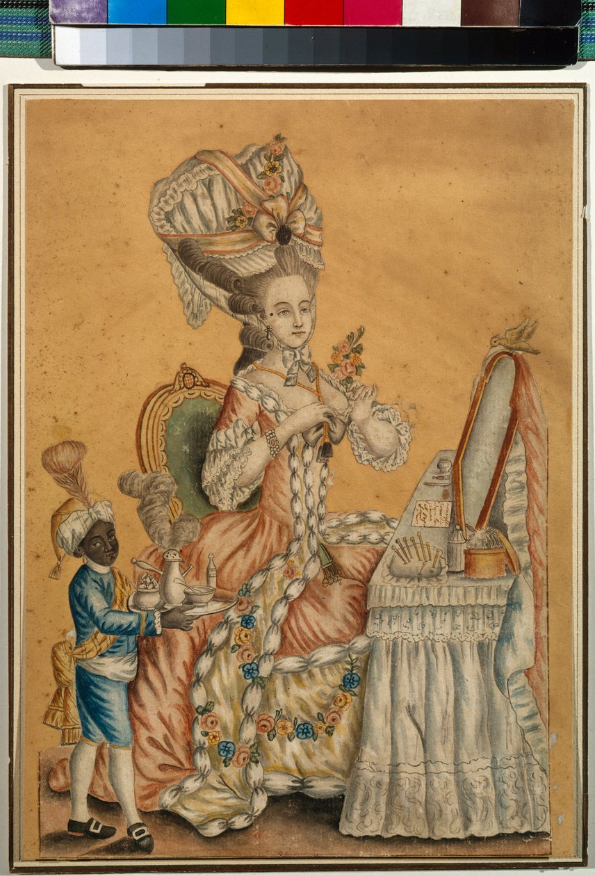 Dama w toalecie z czarnym chłopcem - praca anonimowa, akwarela na papierze ok. 1770 (29,2 x 21,2 cm) - Państwowa Galeria Tretiakowska, Moskwa autorstwa Anonymous Anonymous