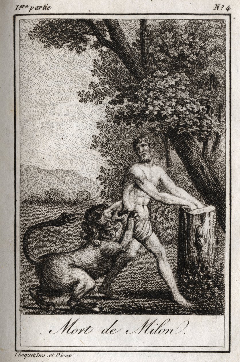 Śmierć Milona de Crotone (Milo z Croton) pochłonął wilk. Rycina z 1819 r. w „Lettres a Emilie sur la mitologie” Charlesa Alberta Demoustiera (1760-1801). Prywatna kolekcja. autorstwa Anonymous Anonymous
