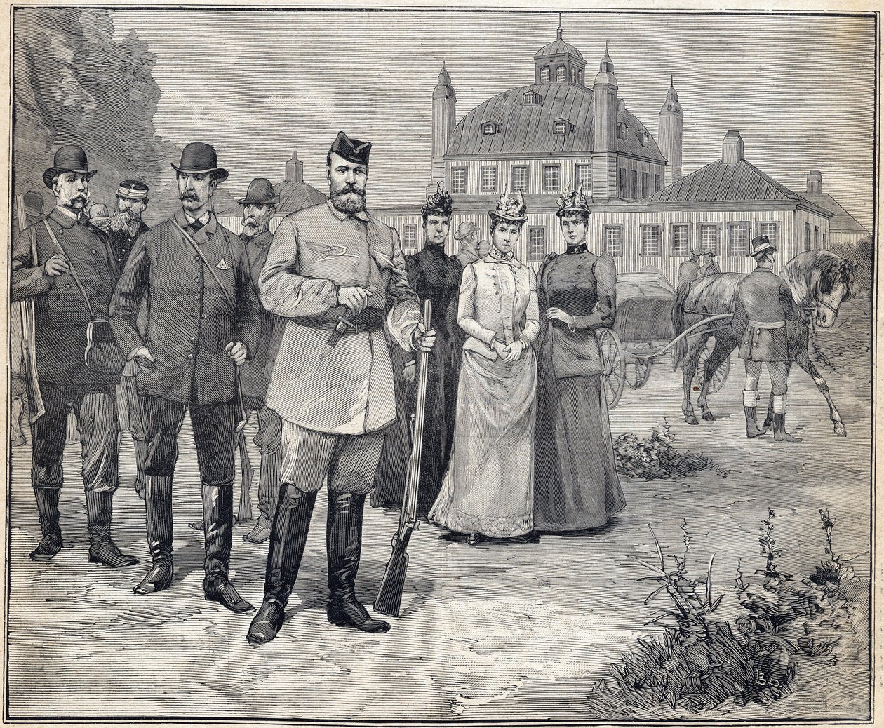 Wyjechał na polowanie na cara Rosji Mikołaja II (1868-1918) do Fredensborg w Danii. Grawerowanie w „Le Petit Parisien”” 1893. autorstwa Anonymous Anonymous