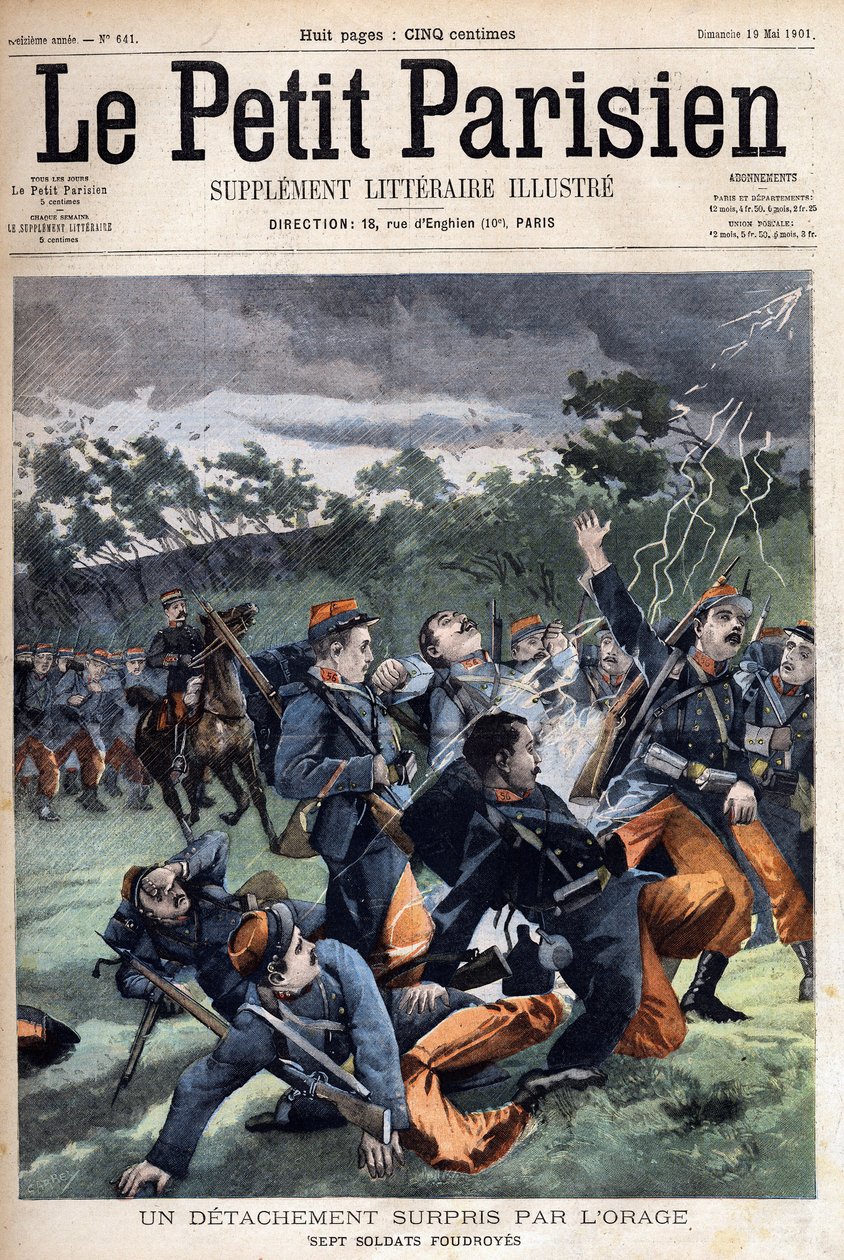 Oddział żołnierzy zaskoczonych burzą: 7 żołnierzy zostanie uderzonych, w „Le Petit Parisien” 19.05.1901 r. (rycina) autorstwa Anonymous Anonymous