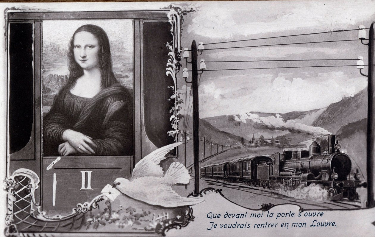 Detournee przedstawienie „”Mona Lisy”” (Mona Lisa, Monna Lisa) Leonarda de Vinci (Leonardo da Vinci) (1452-1519):”” Obraz jest reprezentowany w pociągu, który chce znaleźć swoje muzeum. Pocztówka komediowa zredagowana w czasie kradzieży dzieła przez autorstwa Anonymous Anonymous