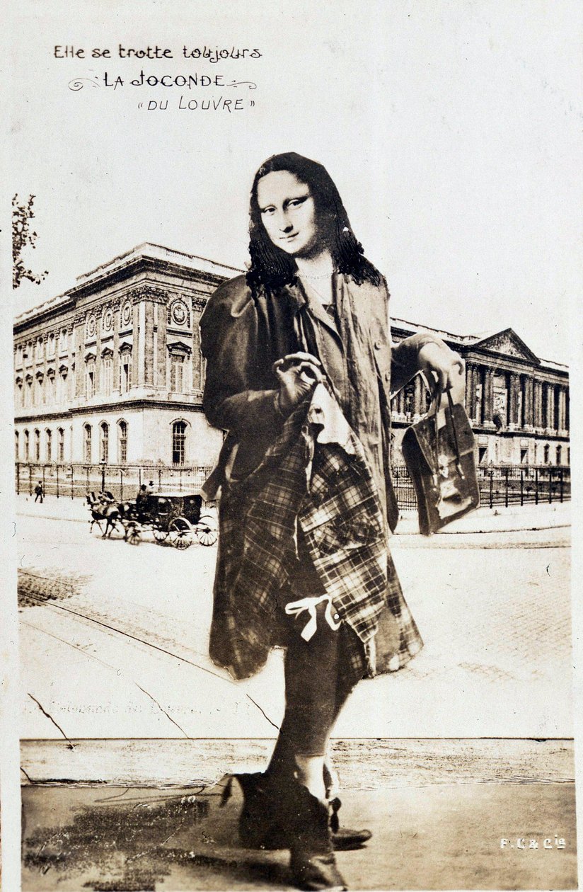Detournee przedstawienie „Mona Lisy” Leonarda de Vinci (Leonardo da Vinci) (1452-1519): Mona Lisa (Monna Lisa) reprezentowana w spódnicy w kratę podróżująca po całym świecie. Pocztówka komediowa zredagowana w czasie kradzieży dzieła przez Vincenzo Peruggi autorstwa Anonymous Anonymous