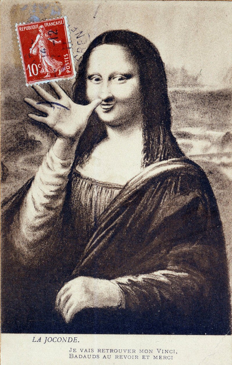 Przedstawienie „Mona Lisy” w detournee autorstwa Leonarda da Vinci (Leonardo da Vinci) (1452-1519): Mona Lisa (Monna Lisa) powitanie na znak jej wyjazdu w poszukiwaniu jej „”Vinci”. czas kradzieży dzieła Vincenzo Per autorstwa Anonymous Anonymous