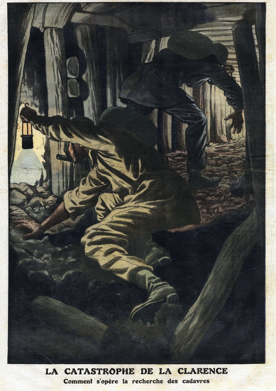 Katastrofa kopalni Clarence (Nord pas de calais): akcje ratunkowe mają na celu odzyskanie ciał ofiar wybuchu dymu. Ilustracja zaczerpnięta z „”Le Petite Journal”” 22.09.1912 Kolekcja prywatna. autorstwa Anonymous Anonymous